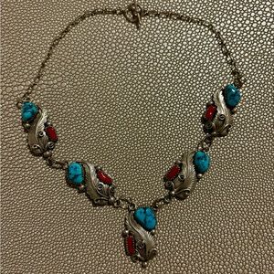 Vintage Turquoise and Coral Silver Necklace